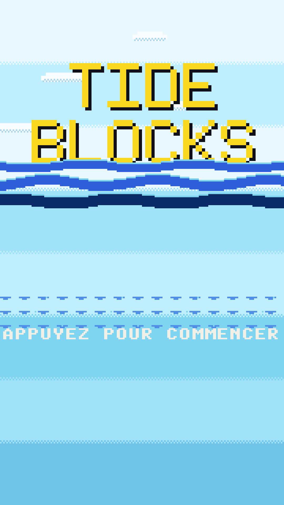 Écran-titre : le logo du jeu au-dessus de vagues pixel art.