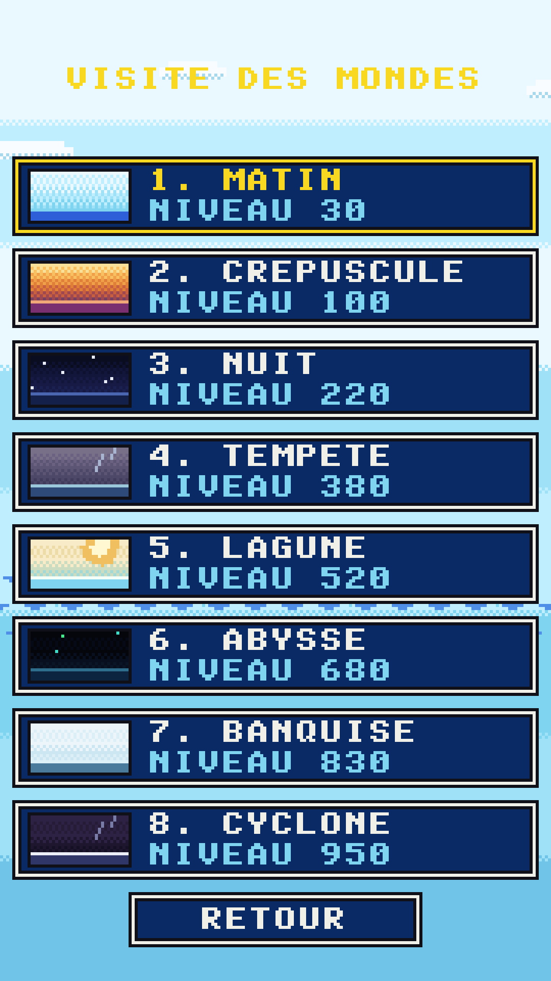 L'écran de visite listant les huit mondes du jeu.
