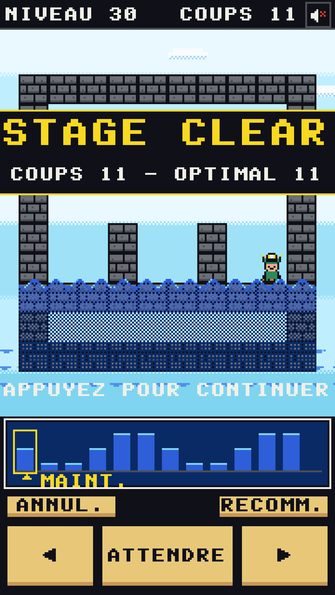 Écran de niveau réussi : nombre de coups et score optimal.