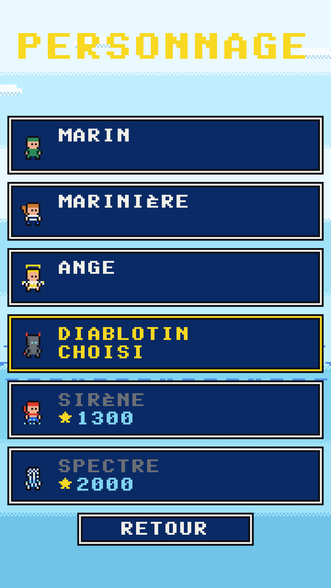 L'écran de choix du personnage : six personnages, ceux qui restent à débloquer affichant le nombre d'étoiles à atteindre.